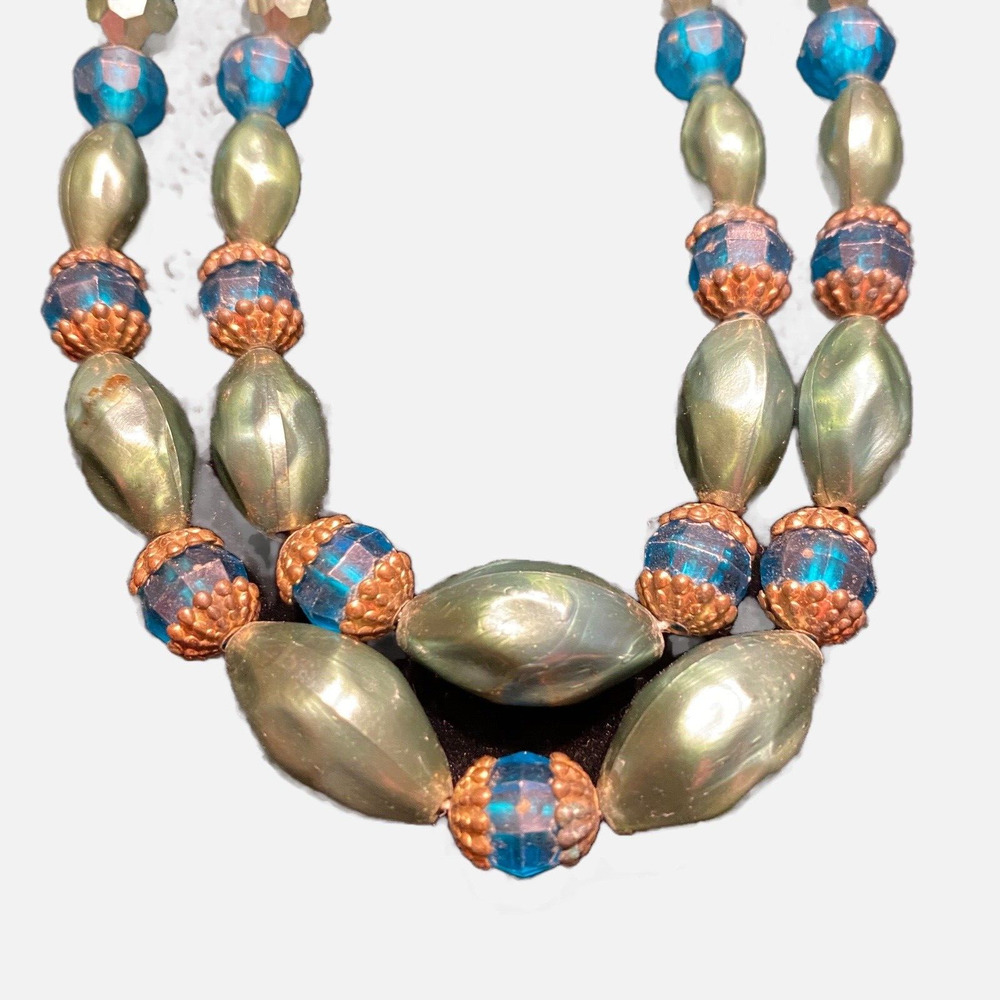 Mid Century Green Beaded Choker Necklace Double Strands Shapely Beads Vintage
